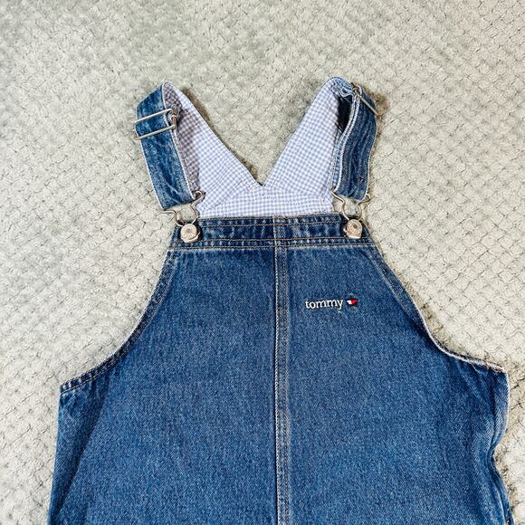 Vintage TOMMY HILFIGER Girls Blue Denim Overalls Dress Jean Flag Retro Girls M - Picture 3 of 6